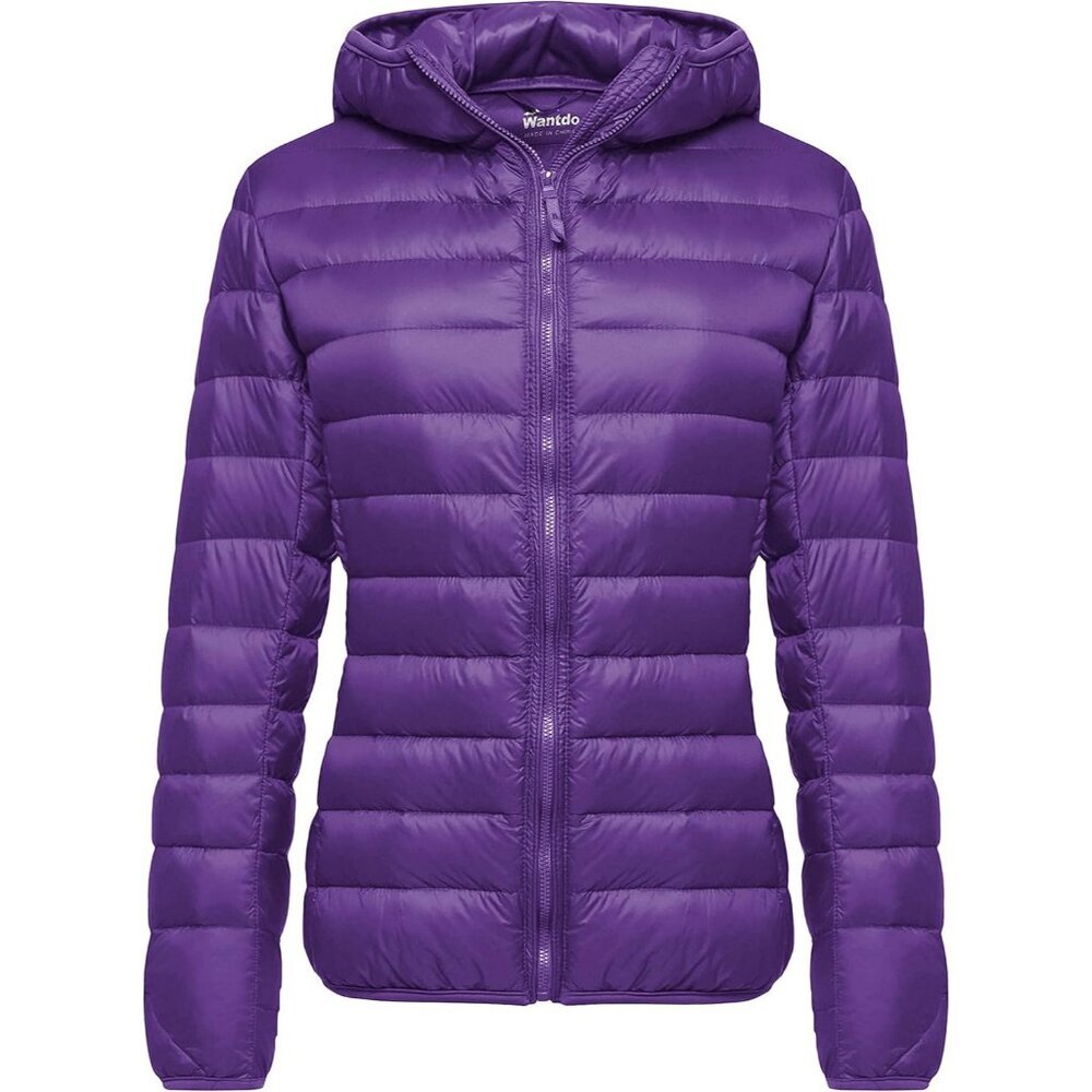 Women's Dark Purple Short Down Hooded Puffer Jacket Coat Fabric Packable Ultra